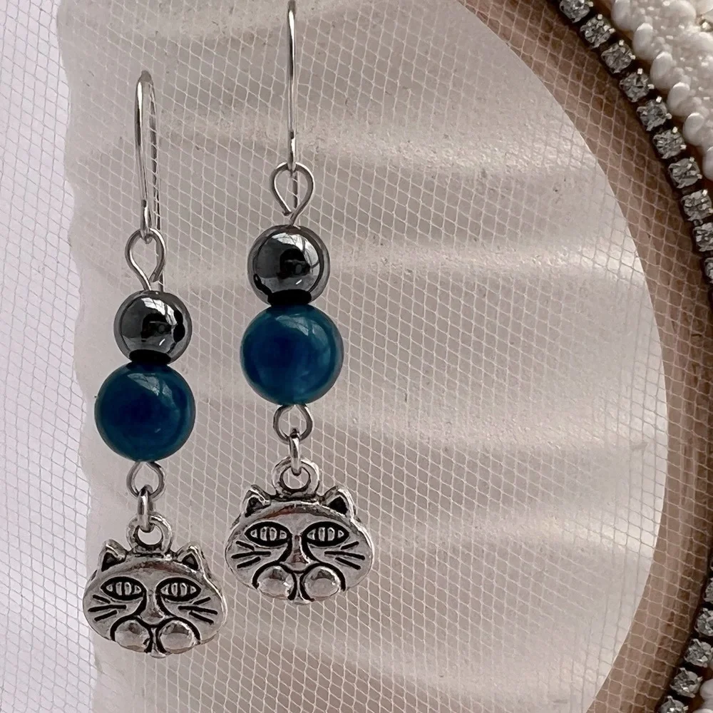 Dangle Earrings Hematite, Blue Jade and Cat Charms